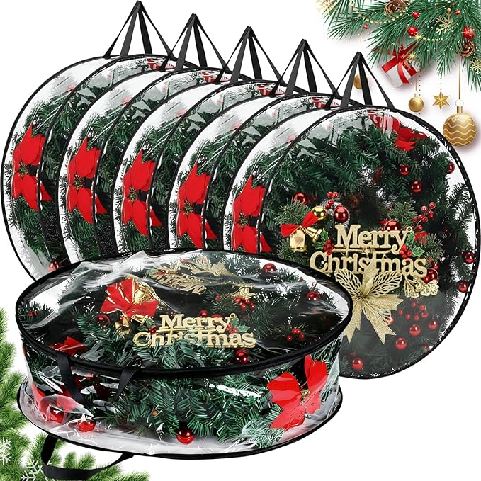 Shappy 6 Pieces Christmas Wreath Storage Container 30 Inch Wreath Plastic Storage Bags with Dual Zippers and Handles for Xmas Thanksgiving Holiday Artificial (Clear,Black)