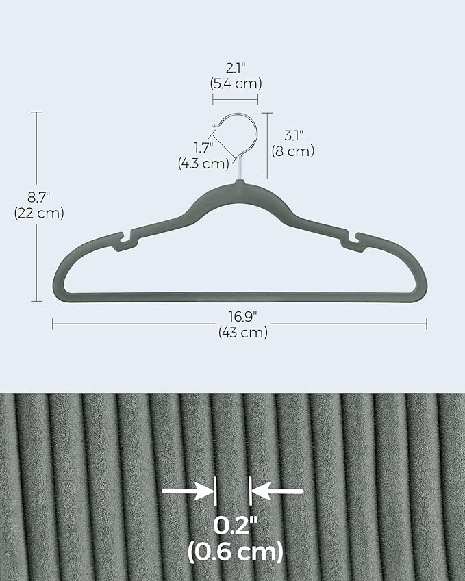 SONGMICS Velvet Hangers 50 Pack, Non-Slip Clothes Hangers, Suit Hangers with Shoulder Notches, Pants Bar, 360° Swivel Hook, Space-Saving, for Closet, Gray UCRF029G05