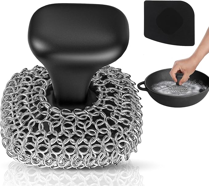 Purgreat Cast Iron Scrubber | Dish Scrub Brush | 316 Cast Iron Cleaner Chainmail Scrubber for Pan Skillet Cleaner - Dish Scouring Pad Dishwasher Safe Cleaning Kit, Black 03