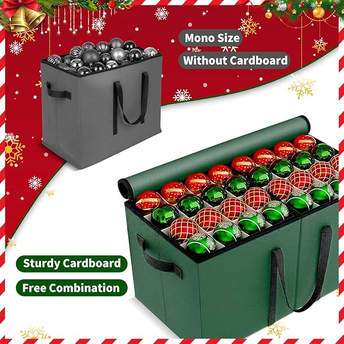 Christmas Ornament Storage Box - Large & Sturdy Christmas Storage Container with Adjustable Dividers, 8 Individual Trays and Handles, Holds up to 128 Holiday Decorations (Green)