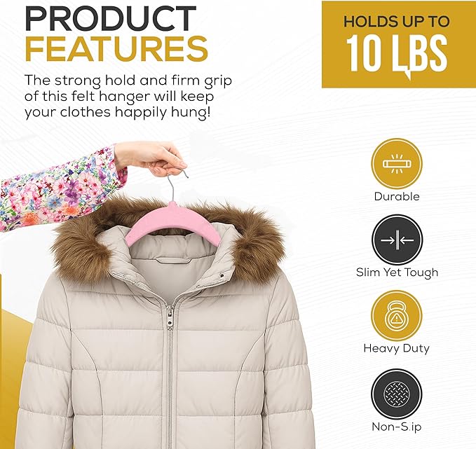 Techzoo Premium Velvet Hangers 50 Pack Ultra Thin Non Slip Adult Felt Space Saving Suit Hanger for Closet Heavy Duty Coat Pants Jackets Dress Hangers 360° Swivel Hook Hold Upto 10 lbs Pink