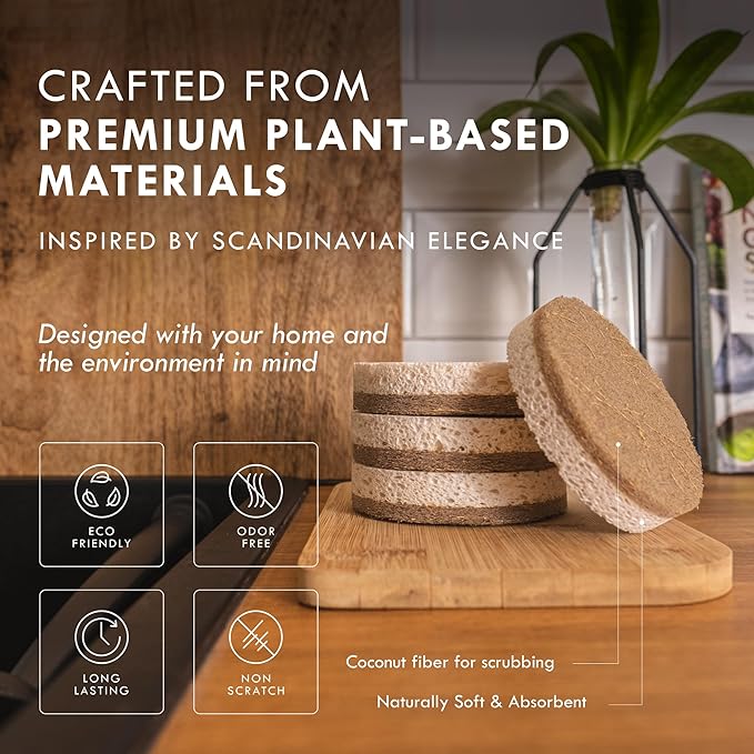 Bluum Kitchen Organic Kitchen Sponges 6-Pack – Non Toxic Sponges for Dishes, Natural Dish Sponge Set, Plant Based Cellulose & Coconut Fiber Sponge, Biodegradable, Compostable, Eco Friendly
