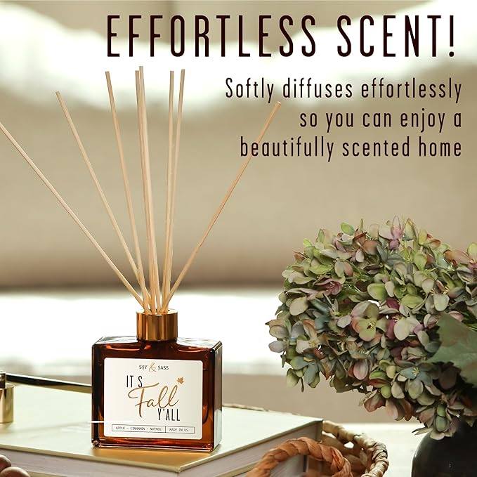 Fall Reed Diffusers for Home Set, Fall Diffuser -It's Fall Y'all! w/Apple, Cinnamon & Nutmeg I Infused w/Essential Oils I Fall Smells for House I 5.75 OZ Oil Scent Lasts 4-6 Month's, Made in The USA