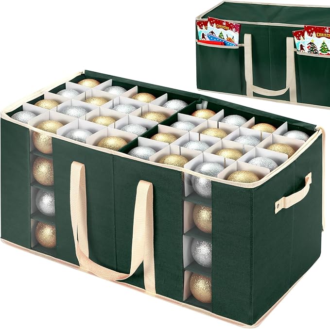 inin Christmas Ornament Storage Box with Adjustable Dividers,Christmas Ornaments Organizer with Zipper,Storage Container Bin with Side Pockets for Holiday Decorations(128 Ball, Green, Without Tray)