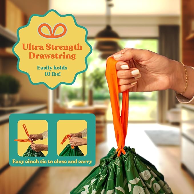 Healthy Earth 13 Gallon Compostable Drawstring Trash Bags, 1.13 Mil Extra Thick Tall Kitchen Liners (49.2 L), Heavy Duty Leak-Proof Food Scrap Bags, BPI & TÜV OK Compost Certified, 60 Count