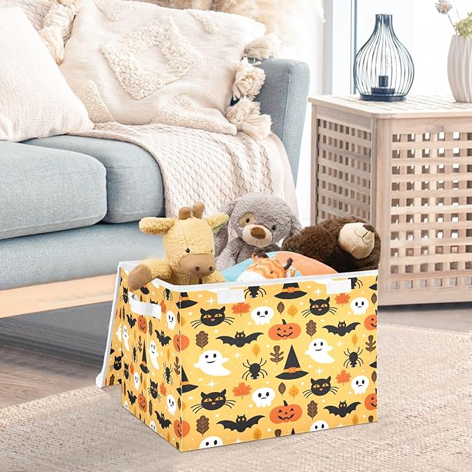Bolaz Storage Bins with Lids and Handles, Halloween Seamless Pattern Design with Ghost Skull Pumpkin and Cat Storage Box Storage Basket with Cover Collapsible Organizer Containers for Home