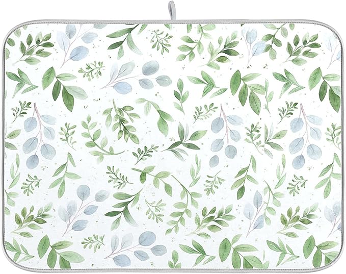 Green Eucalyptus Leaves Dish Drying Mat for Kitchen Countertop 18x24 Rectangle Large Drying Mat Reusable Quick Dry Dish Sink Absorbent Mats Dishwasher Easy Clean Decorative Home Decor Essentials