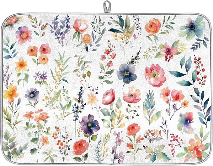Hexteria Microfiber Absorbent Dish Draining Mat, Floral Dish Drying Mat for Kitchen Counter Washable Drainer Rack Pad, Vintage Floral