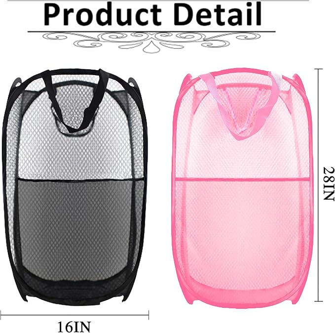 Buyongwant Collapsible Pop Up Laundry Hamper, Extra Large Mesh Foldable Laundry Basket Bag, 28" x 16" x 16", 2 Pack (Black + Pink)
