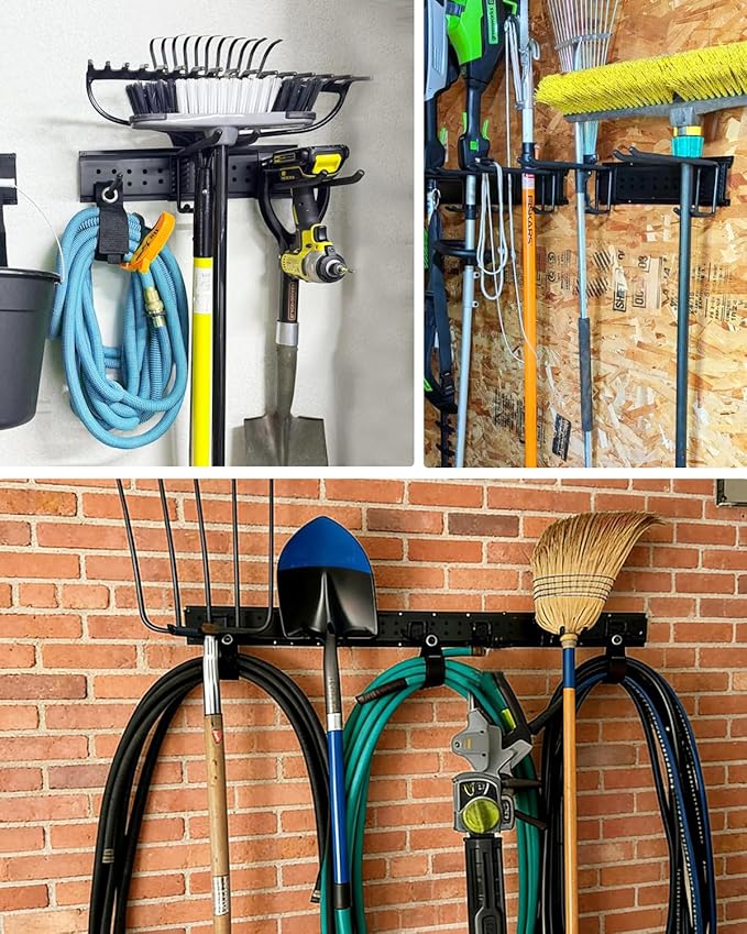 64-Inch Garage Storage Tool Organizer Wall Mount, Heavy Duty Garage Organization Metal Rack with 12 Hooks, Garden Tool Hanger Holder for Broom, Shovels, Ladders, Lawn Tools