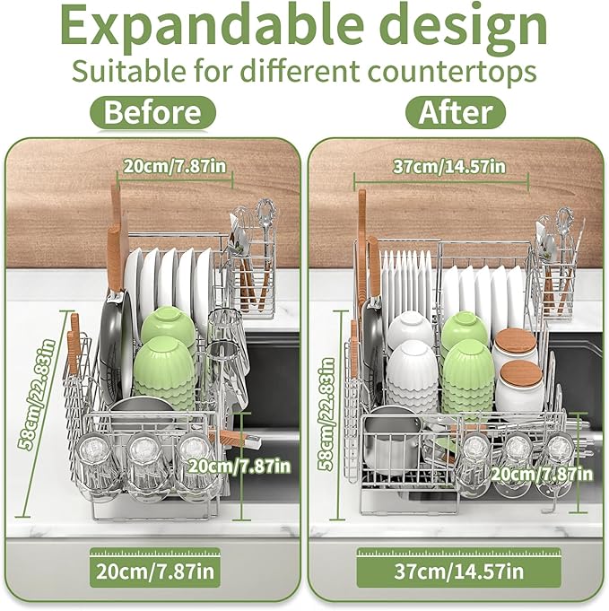 Large Dish Drying Rack - Rust Resistant Dish Rack,Expandable Kitchen Counter,Drainage Board with Sloped Design,Removable Cutlery Holder,Cup Knife Holder,Easy-to-Clean Full Hollow Design-Silver-L