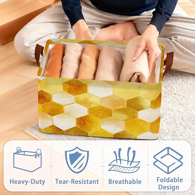 Honeycomb Storage Baskets,Bee Foldable Organizer Bin with Handles for Home Living Room Bedroom Closet Box 17x11.5x10Inch
