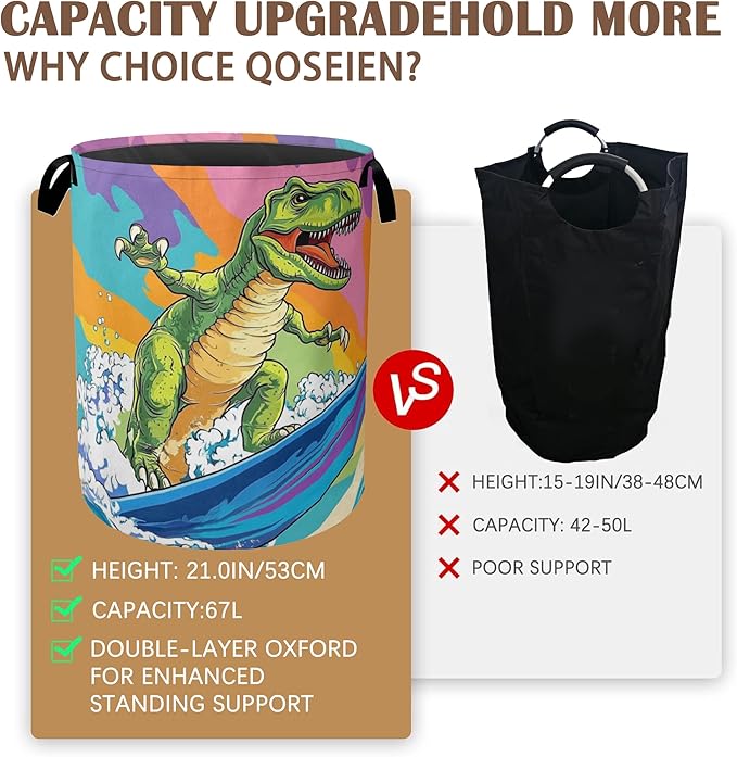 Laundry Basket,Dinosaur Surfing on Sea Collapsible Laundry Baskets,Waterproof Oxford Hamper with Handles for Bathroom Bedroom Nursery Home Storage 16"x20"
