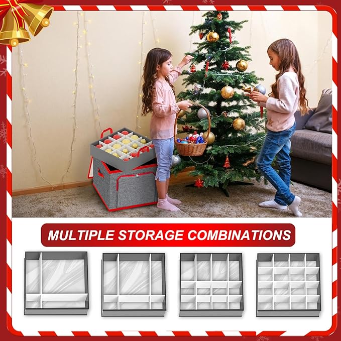 VERONLY Ornament Storage Box with Dividers, Christmas Ornament Storage Containers Include Trays and Zippers, Holiday Ornaments Storage Container with Handles for Xmas(64 Ball, Grey)
