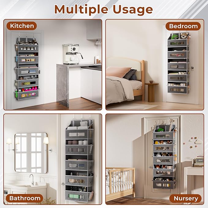 XyVoltic 5-Tier Over The Door Storage Organizer with 10 Side Mesh Pockets, 48 lbs Load Capacity, 3 Hooks Design, Door Hanging Organizer with Clear Windows for Bathroom, Bedroom, Nursery, Kitchen-Grey