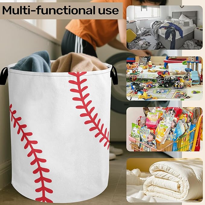 Baseball Large Clothes Hamper Bag - Laundry Basket with Handles, Space Saving Foldable Design for Nursery