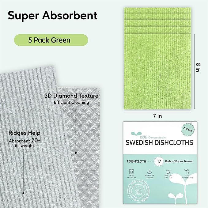 Auggee Swedish Dishcloths for Kitchen, 5 Pack Swedish Dish Cloths, Ultra Absorbent Reusable Paper Towels, Cellulose Sponge Cloths, Quick Drying, No Odor, Dishwasher Safe Green