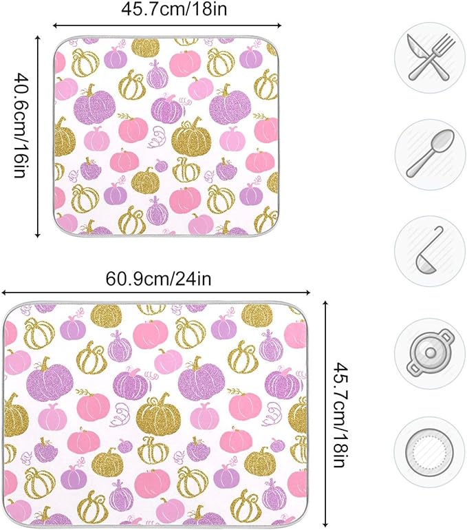 Pumpkin Pink Purple Dish Drying Mat for Kitchen Countertop 16x18 Fall Rectangle Small Drying Mat Reusable Quick Dry Dish Sink Absorbent Mats Dishwasher Easy Clean Decorative Home Decor Essentials
