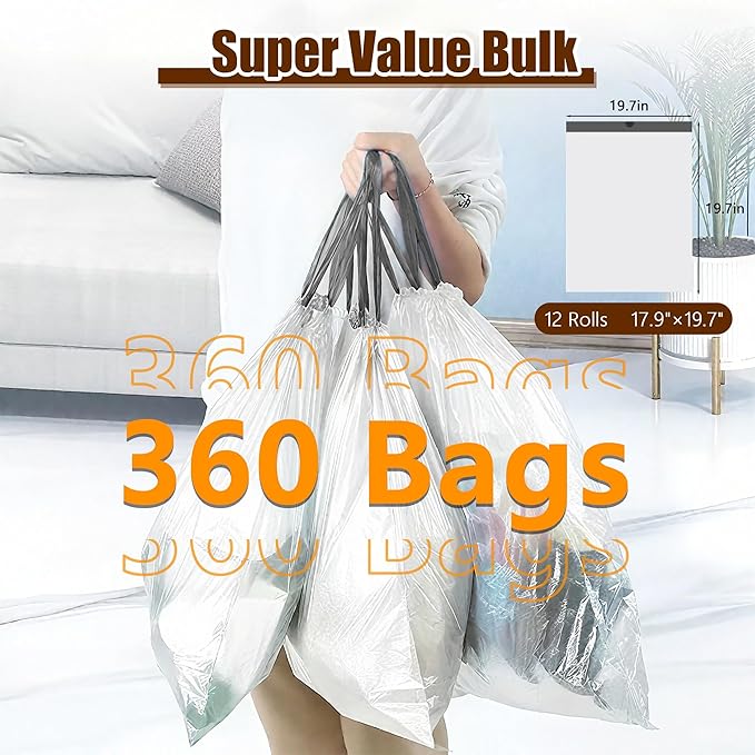 5 Gallon Trash Bags Drawstring, 360 Count 1.2 Mil Thick Garbage Bags by WOWSOLID, Fit Liners 15-20 Liter, 4.5-5.5 Gal, Trash Can Bin for Bathroom, Kitchen, Bedroom, Office