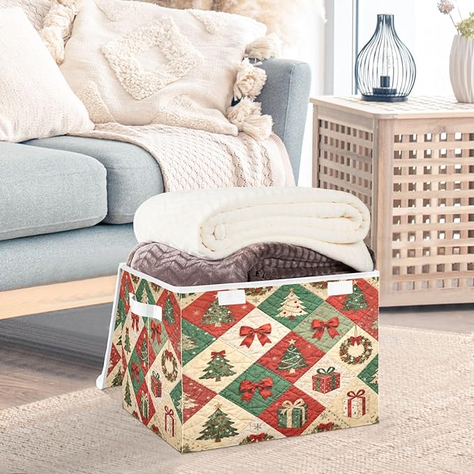 Christmas Tree Bow Gift Storage Bins with Lids Foldable Storage Basket with Handles Collapsible Large Fabric Organizer Containers for Clothes Shelves Closet Office Home