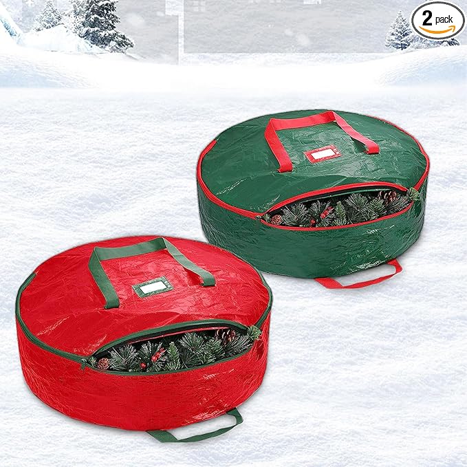 Christmas Wreath Storage Bag, 2 Pack 24" Xmas Wreath Storage Container, Garland Holiday Artificial Wreath Storage Holder with Heavy Duty Handles