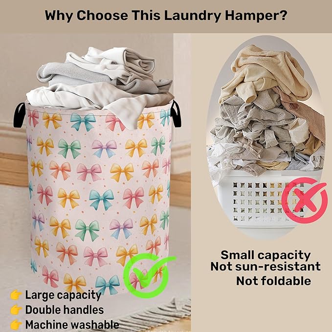 Colorful Bow Foldable Laundry Hamper - Waterproof Fabric Storage Basket with Handles, Clothes Hampers for Laundry,Bedroom,Dorm