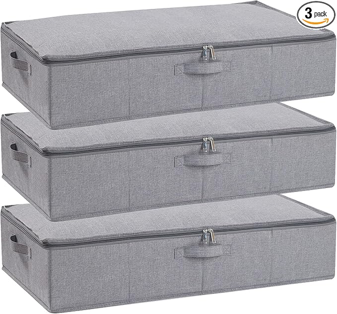 YheenLf Underbed Storage Organizers, 23.6 x 11.8 x 5.9 Inch Fabric Container Bags with Lids, Storage Boxes for Blanket, Pillows, Shoes, Grey, 3 Pack