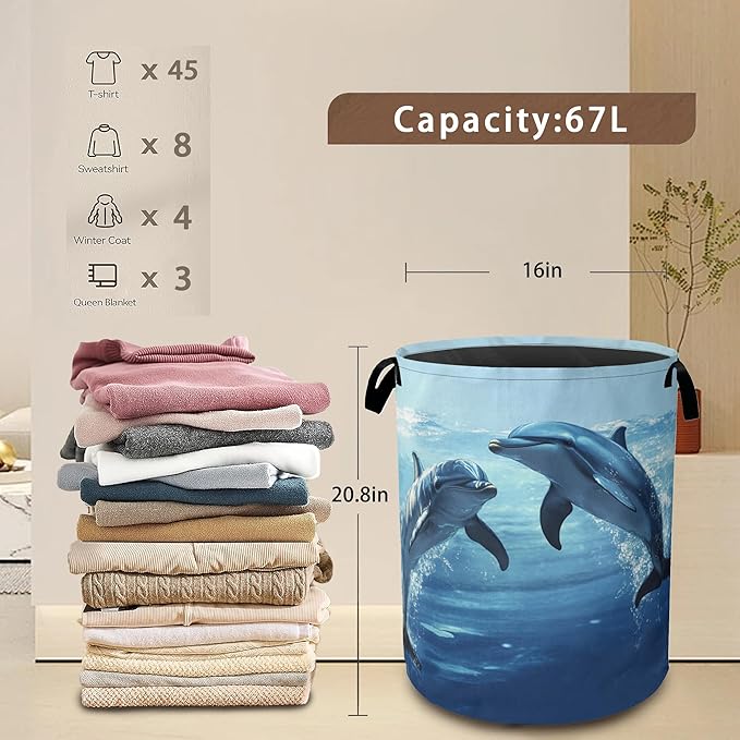 Ocean Dolphin Laundry Basket,Collapsible Laundry Baskets with Handles,Waterproof Oxford Cloth Storage Basket 16"x20" for Bathroom/Bedroom/Dormitories