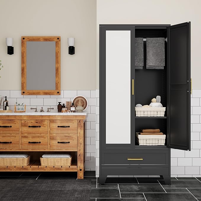 71" H Metal Armoire Wardrobe Closet with Mirror,Household Steel Wardrobe Cabinet with Drawers,Clothing Storage Armoire Cabinet with Adjustable Shelves and Hanging Rod for Bedroom（Black）
