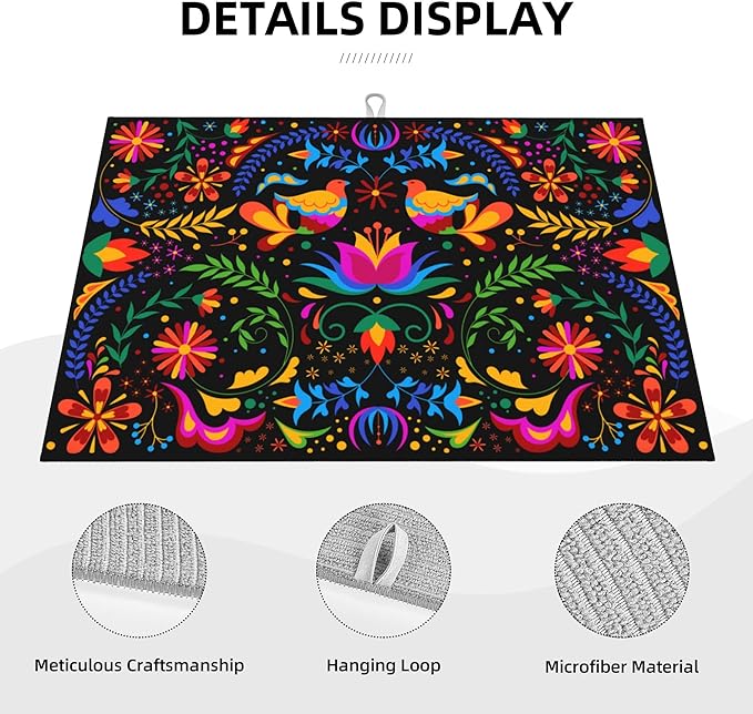 Mexican Flower Microfiber Dish Drying Mat for Kitchen Counter Mexican Dishes Pad Black Dish Drainer Rack Mats 18"x24" Absorbent Washable Reusable