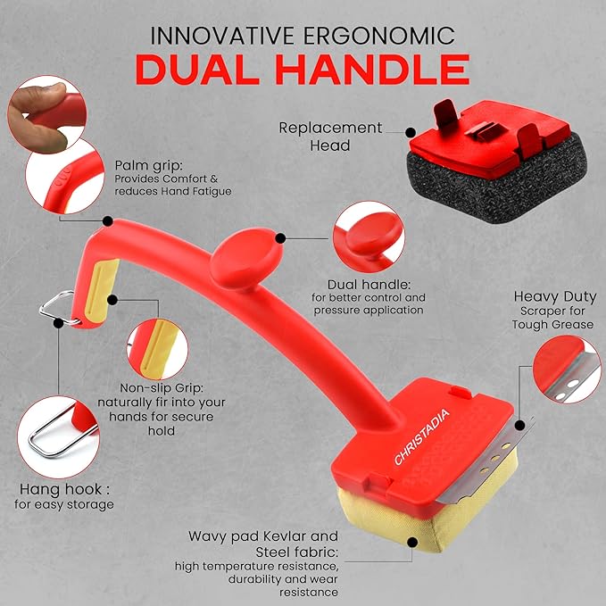 Grill Brush Bristle Free for Outdoor Grill + 2 Replaceable Heads Safe Grill Cleaner – Ultimate BBQ Brush fit Dual Handle/Comfort/Heat Resistant, Grill Scraper for Cast Iron, Stainless-Steel Grates