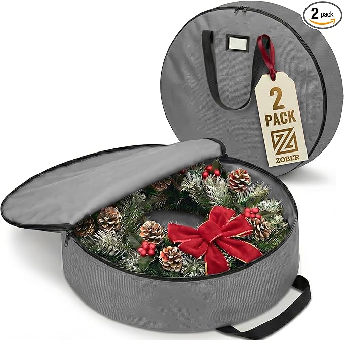 ZOBER 2 Pack Oxford Christmas Wreath Storage Container 30 Inch - Wreath Bag for Artificial Wreaths Box - Waterproof Fabric, Dual Zippered Wreaths Storage Bag With Strong Durable Handles - Gray