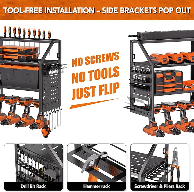 YFFSRJDJ Extra Large Power Tool Organizer Wall Mount with Charging Station, 12 Drill Holders Heavy Duty with 8-Outlet Power Strip, Garage Cordless Drill Storage and Organization, Battery Utility Rack