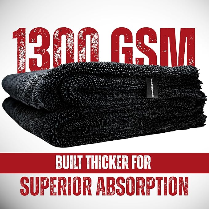 ags goods RAPIDWIPE 24" x 36" Ultra Drying Towel 1300 GSM Twisted Loop Microfiber, Super Absorbent, No Streaks or Lint, Double Sided – Reusable Car Wash Towel, Auto Detailing Cloth,