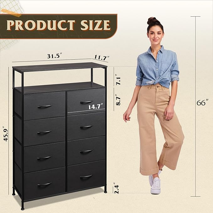 WLIVE Fabric Dresser for Bedroom with Open Shelves, Tall Black Dressers with 8 Drawers, Storage Tower with Fabric Bins, Chest of Drawers for Closet, Living Room, Hallway