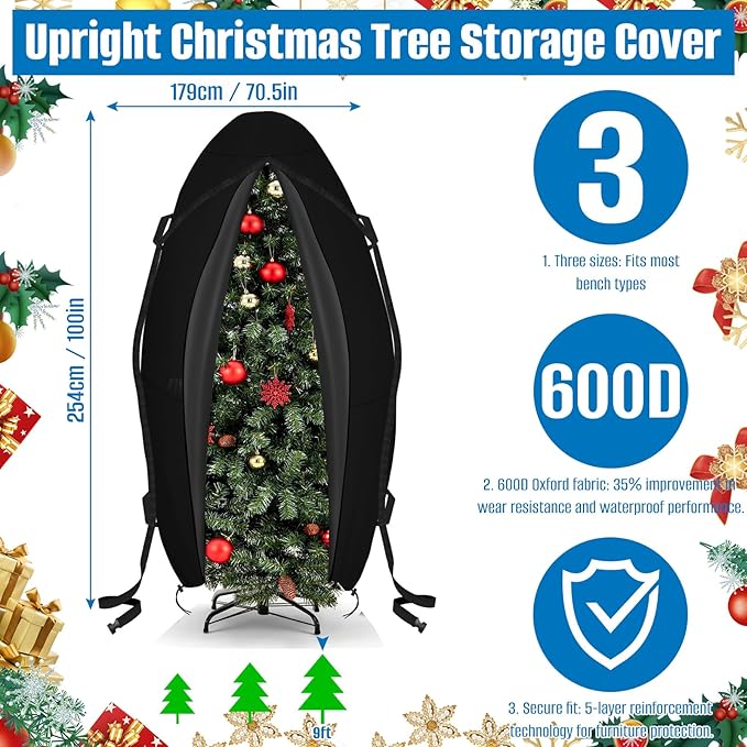 SIRUITON Upright Christmas Tree Storage Bag for 9 ft Tall,Heavy Duty 600D Oxford Fabric Vertical Xmas Storage Bags,Waterproof & Tear-Resistant Christmas Tree Cover with UV Protection