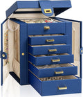 AKOZLIN Jewelry Box Organizer Functional Leather Jewelry Storage Case for Women Girls Ring Necklace Earring Bracelet Holder Organizer with Mirror Blue