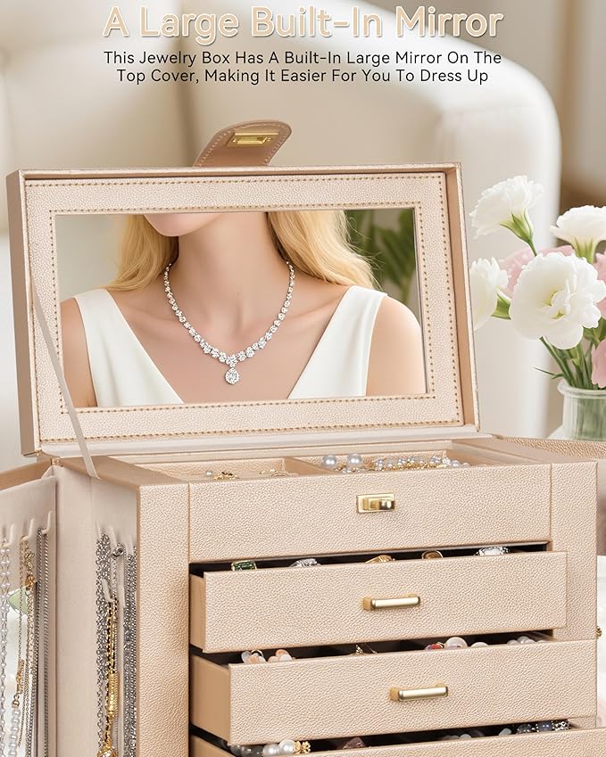 AKOZLIN Jewelry Box 360° Rotating 6-Tier Functional Jewelry Storage Case Organizer for Women Girls Ring Necklace Earring Bracelet Holder with Mirror