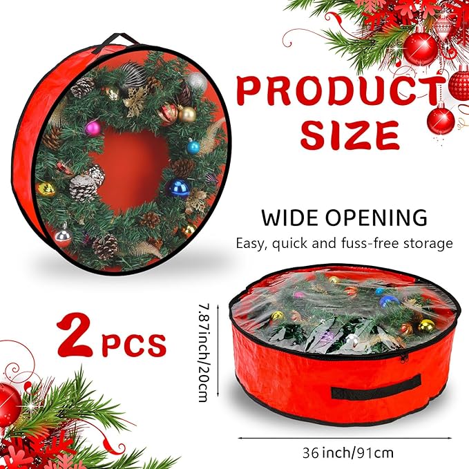 Pwsap 2 Pack Christmas Wreath Storage Container - 36 Inch, Garland Storage, Christmas Large Wreath Storage Container Cover, Durable Tarp Material, Dual Zipper Storage Bag for Xmas Holiday, Red