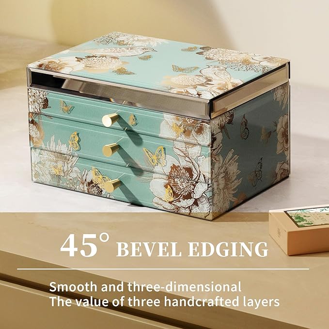 Glass Jewelry Box With Butterfly & Flower Patterns, 3-Tier Organizer for Women Girls,Jewelry Gift Decorative Boxes, Art Painting Tabletop Organizer For Earring Necklace Christmas Gifts