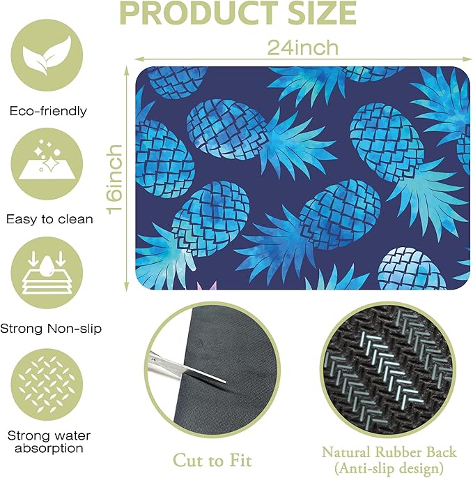 Kitchen Mat Blue Pineapple Dish Drying Mat 16"x24" Bsorbent Coffee Maker Mat for Sink Dishes or Under Rack Kitchen Counter Accessories Absorbent Hide Stain Rubber Backed Dish Drying Pad