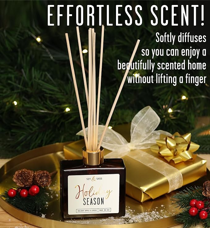 Holiday Diffuser, Holiday Reed Diffusers for Home Christmas Décor - w/Apple & Spice I Infused w/Essential Oils I 3.75 OZ Oil I Long-Lasting Scent Lasts 4-6 Month's I Made in The USA