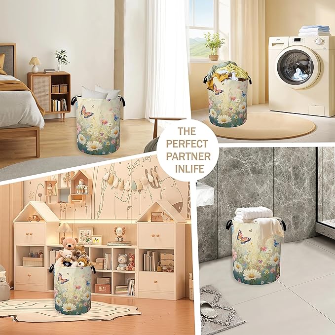 Spring Flowers Laundry Hamper,Watercolor Garden Wildflower Butterfly Collapsible Laundry Baskets,Waterproof Oxford Cloth Laundry Room Organization for Bedroom,Bathroom,Nursery,16x20 Inch