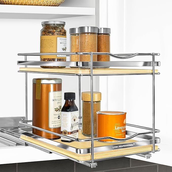 LYNK PROFESSIONAL® Élite™ Pull Out Spice Rack Organizer for Inside Kitchen Cabinets - 8-3/8 inch Wide - Slide Out Drawer – Wood/Chrome Sliding Spice Cabinet Organization Shelf Racks - 2 Tier