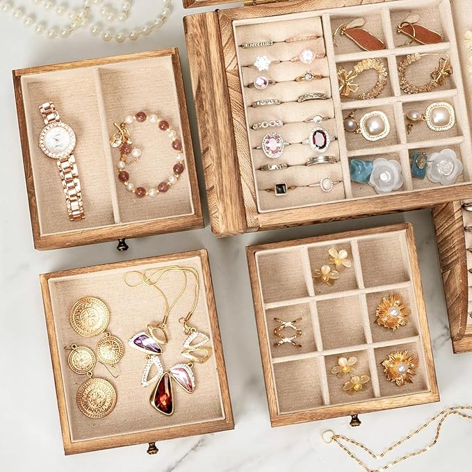Jewelry Box Organizer, Solid Wood Jewelry Boxes fow Women with Mirror, Double Layer Jewelry Organizer Box Display Earring Necklace Bracelet Ring, Rustic Style Small Jewelry Box for Girls