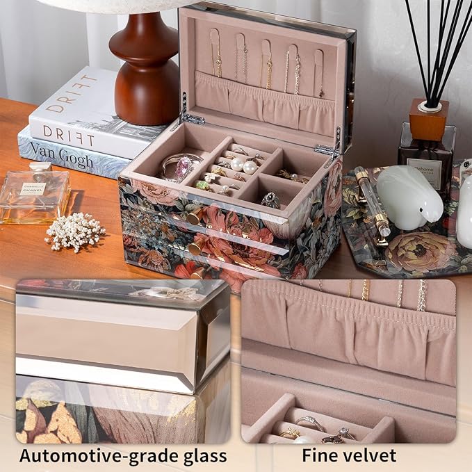 Glass Jewelry Box With Floral Pattern, 3-Tier Jewelry Organizer for Women Girls,Jewelry Gift Decorative Boxes, Art Painting Tabletop Ornament Organizer For Earring Necklace Christmas Gifts