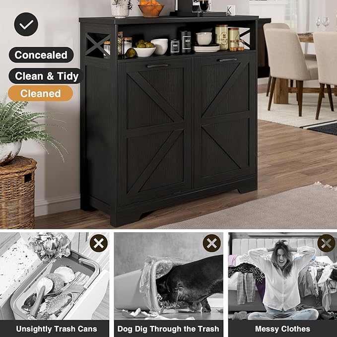 Tilt Out Trash Can Cabinet for 13 * 1 Gallon Trash Can, Farmhouse Kitchen Island Cabinet with Adjustable Shelf for Hidden Laundry Basket, Dog Proof Garbage Can for Dining Living Room, Black