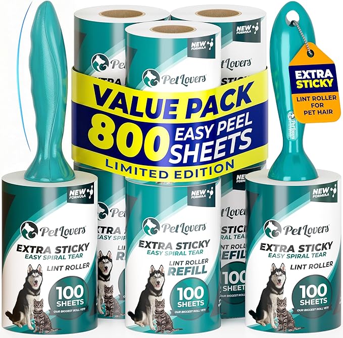 PetLovers Extra Sticky Lint Roller Ultimate Value Set 800 Sheets for Pet Hair Removal, Dog and Cat Lint Remover 8 Pack Green