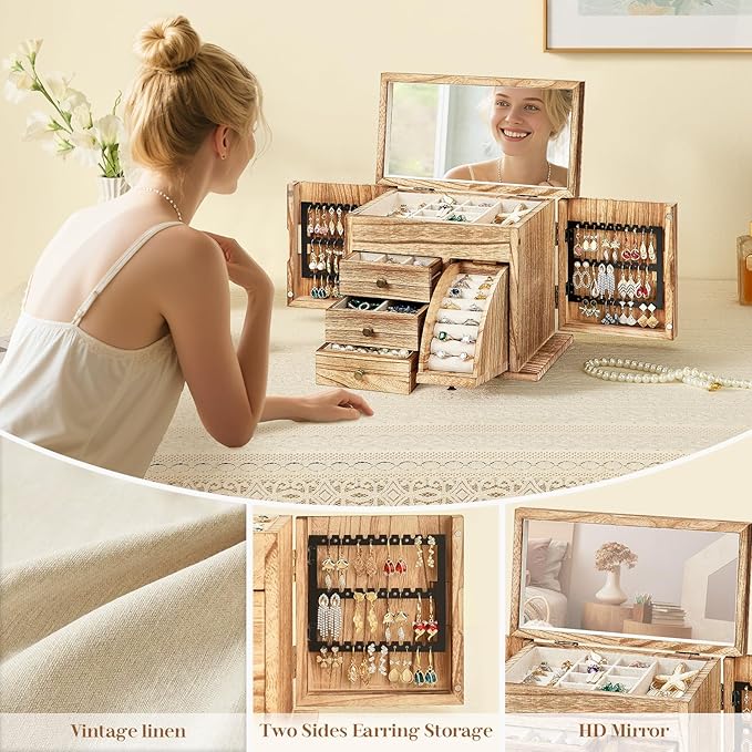 Jewelry Box Organizer, Solid Wood Jewelry Boxes fow Women with Mirror, Double Layer Jewelry Organizer Box Display Earring Necklace Bracelet Ring, Rustic Style Small Jewelry Box for Girls