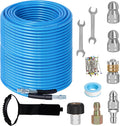 200 FT Sewer Jetter Kit for Pressure Washer, 5800PSI Water Jet Drain Cleaner Hose, 1/4 Inch NPT Corner with 4 Sewer Jetting Nozzles, Pearl Corsage Pin, Waterproof Tape, Handle Strap&2 Spanner (Blue)